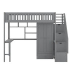 Cama alta individual con estantería, cajones, escritorio y armario