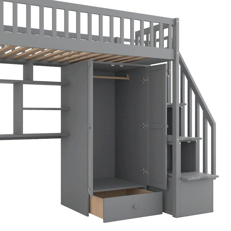 Cama alta individual con estantería, cajones, escritorio y armario