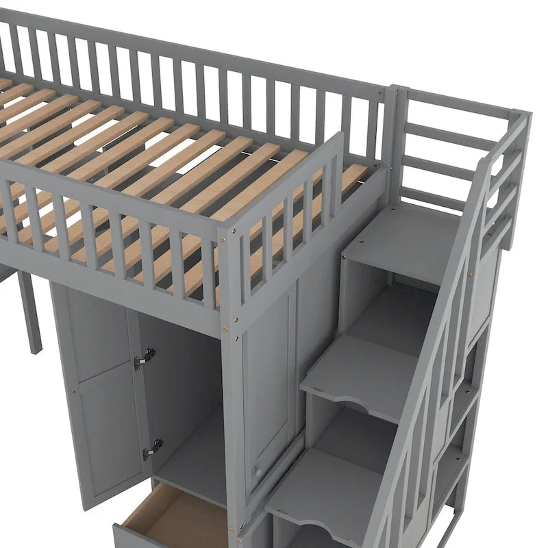 Cama alta individual con estantería, cajones, escritorio y armario