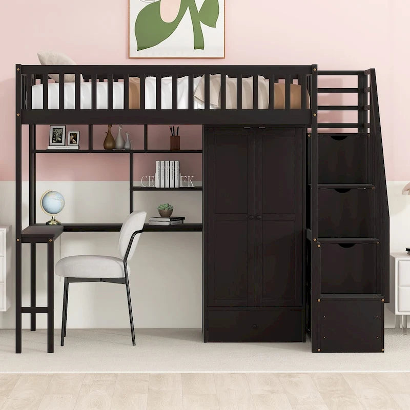 Cama alta individual con estantería, cajones, escritorio y armario