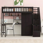 Cama alta individual con estantería, cajones, escritorio y armario