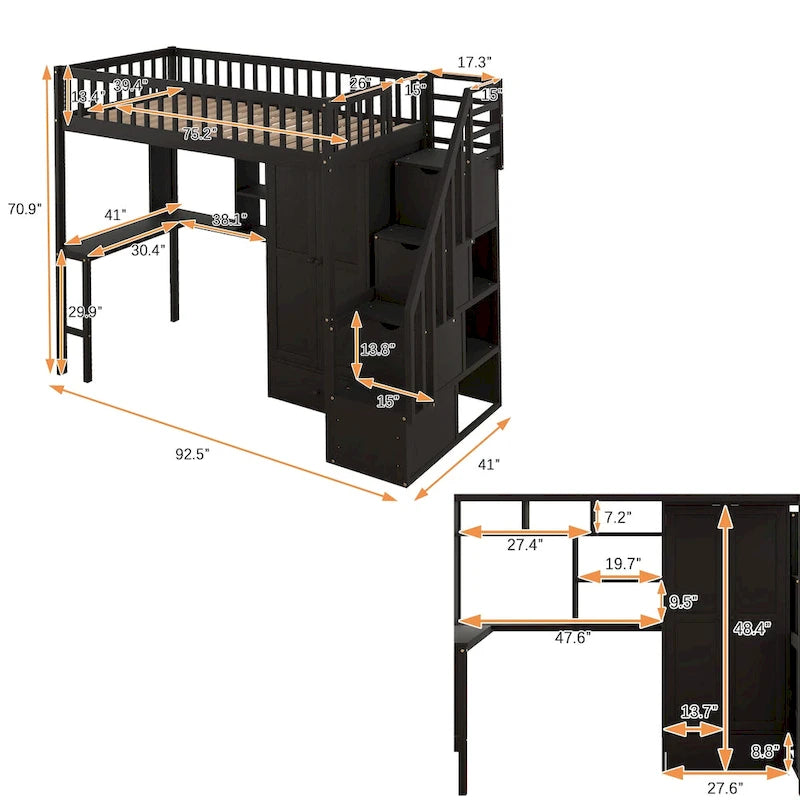 Cama alta individual con estantería, cajones, escritorio y armario