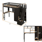 Cama alta individual con estantería, cajones, escritorio y armario