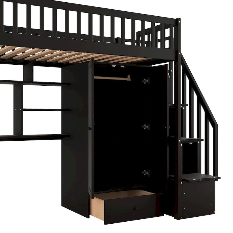 Cama alta individual con estantería, cajones, escritorio y armario