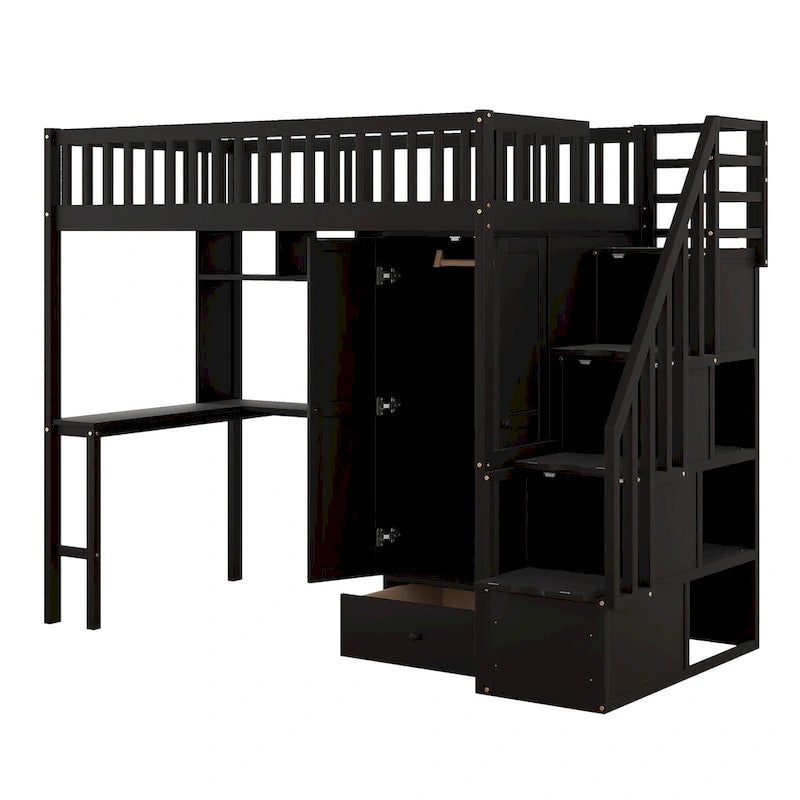 Cama alta individual con estantería, cajones, escritorio y armario