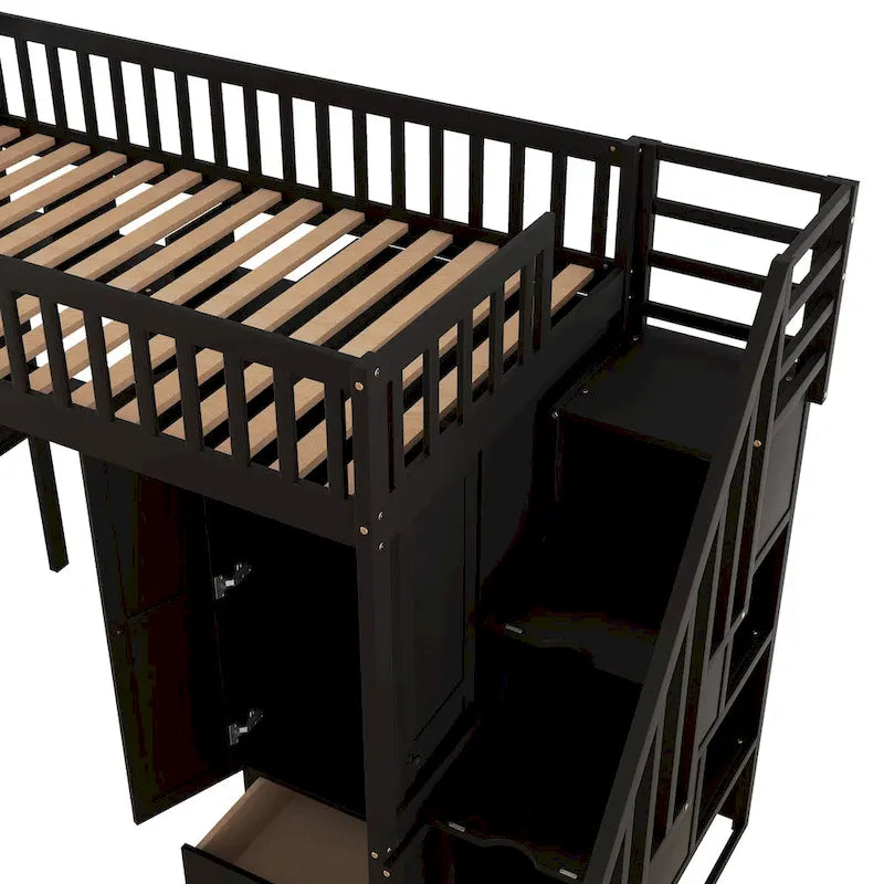 Cama alta individual con estantería, cajones, escritorio y armario