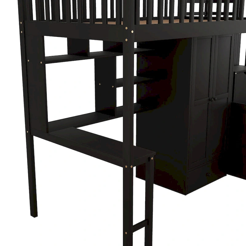 Cama alta individual con estantería, cajones, escritorio y armario
