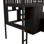 Cama alta individual con estantería, cajones, escritorio y armario