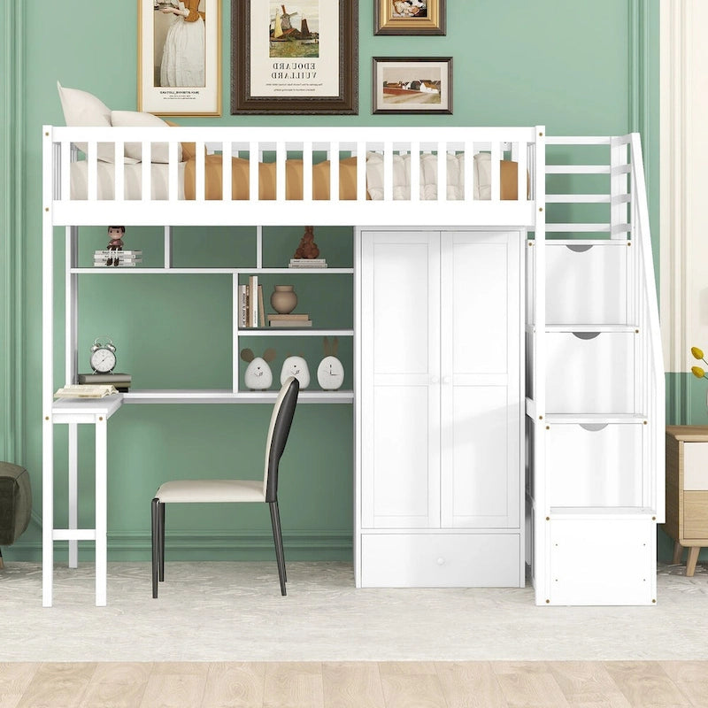 Cama alta individual con estantería, cajones, escritorio y armario