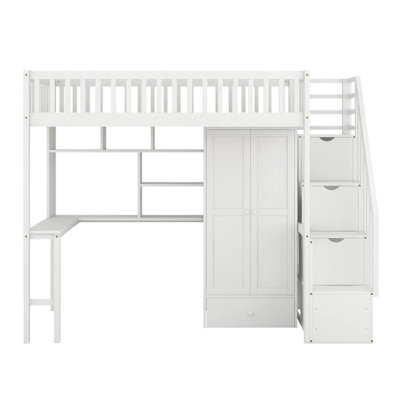Cama alta individual con estantería, cajones, escritorio y armario