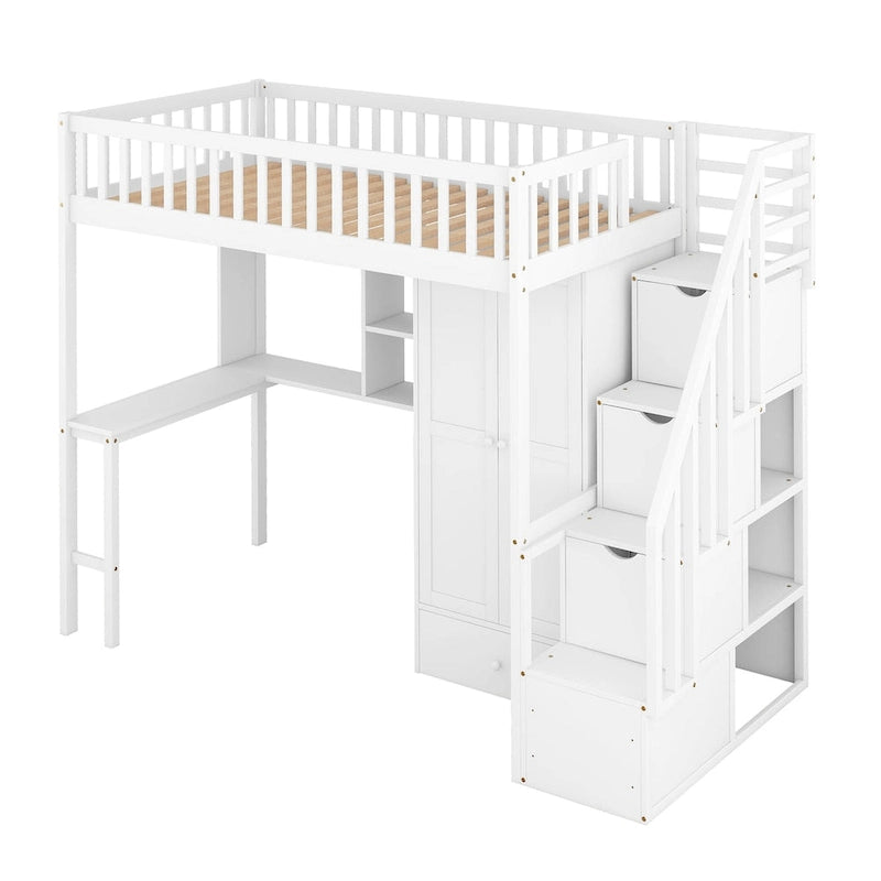 Cama alta individual con estantería, cajones, escritorio y armario