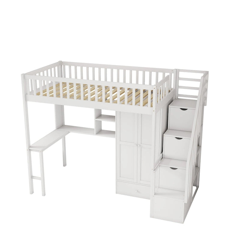 Cama alta individual con estantería, cajones, escritorio y armario