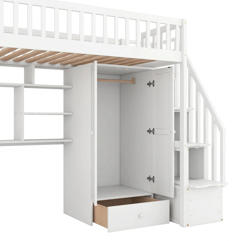 Cama alta individual con estantería, cajones, escritorio y armario