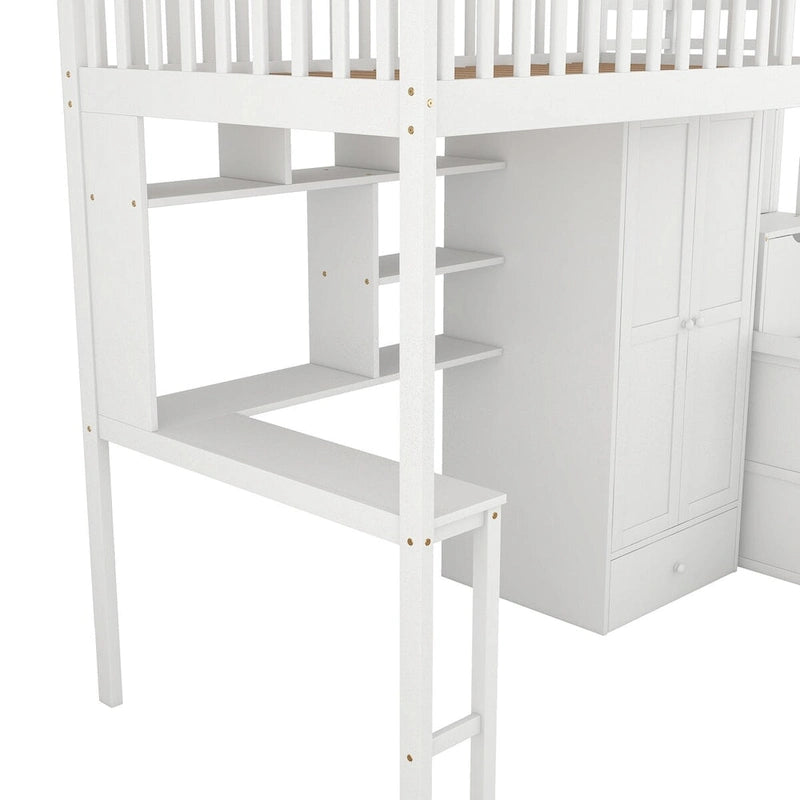 Cama alta individual con estantería, cajones, escritorio y armario