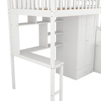 Cama alta individual con estantería, cajones, escritorio y armario