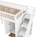 Cama alta individual con estantería, cajones, escritorio y armario