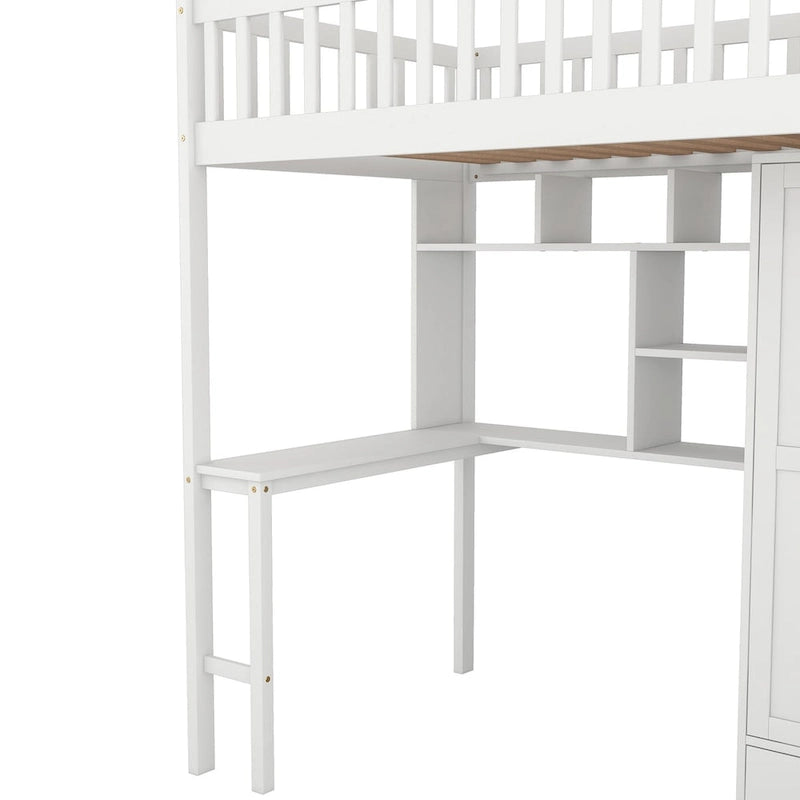 Cama alta individual con estantería, cajones, escritorio y armario