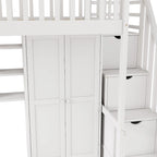 Cama alta individual con estantería, cajones, escritorio y armario