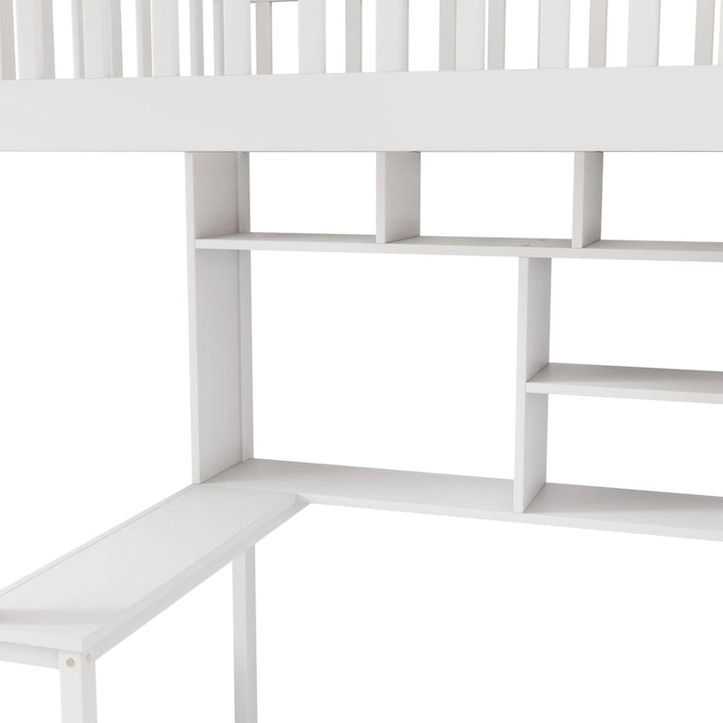 Cama alta individual con estantería, cajones, escritorio y armario