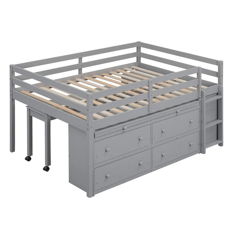 Cama alta de madera tamaño completo con escritorio retráctil y 4 cajones