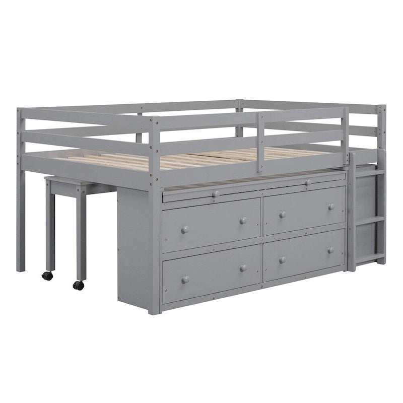 Cama alta de madera tamaño completo con escritorio retráctil y 4 cajones