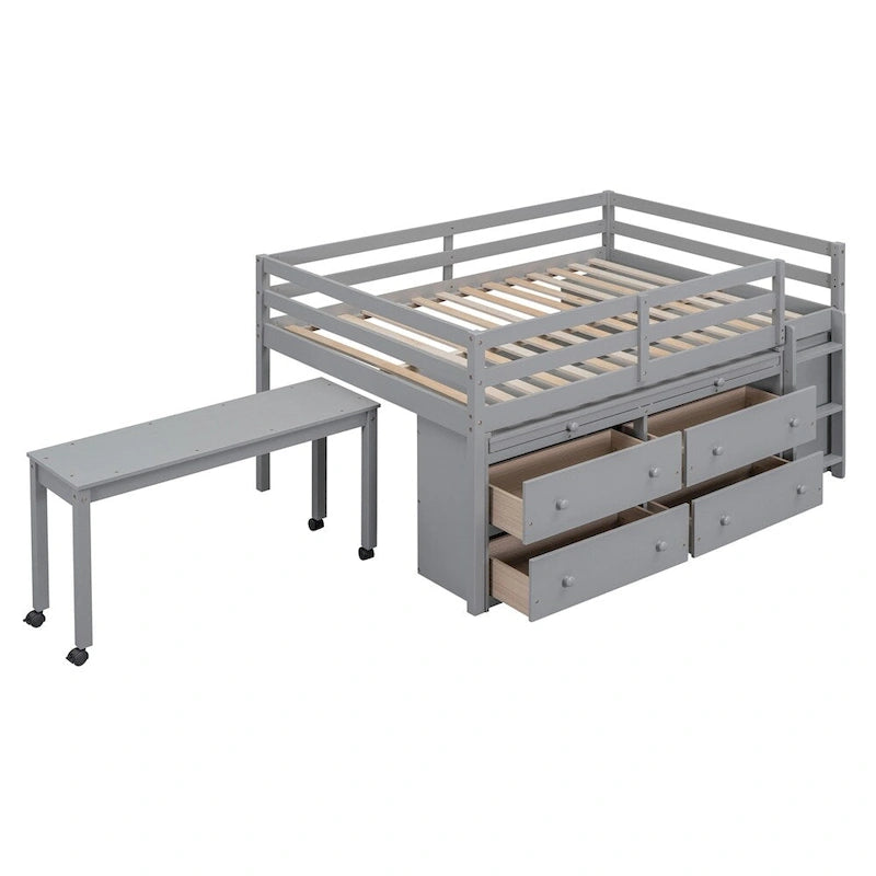 Cama alta de madera tamaño completo con escritorio retráctil y 4 cajones
