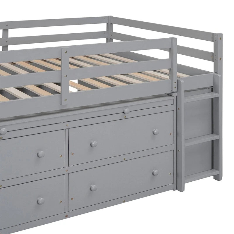 Cama alta de madera tamaño completo con escritorio retráctil y 4 cajones