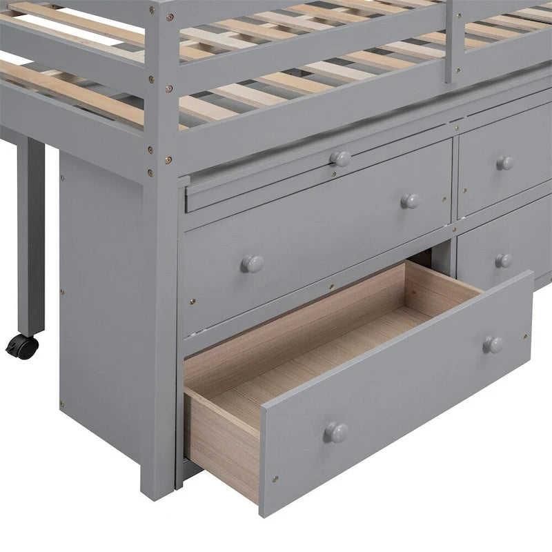 Cama alta de madera tamaño completo con escritorio retráctil y 4 cajones