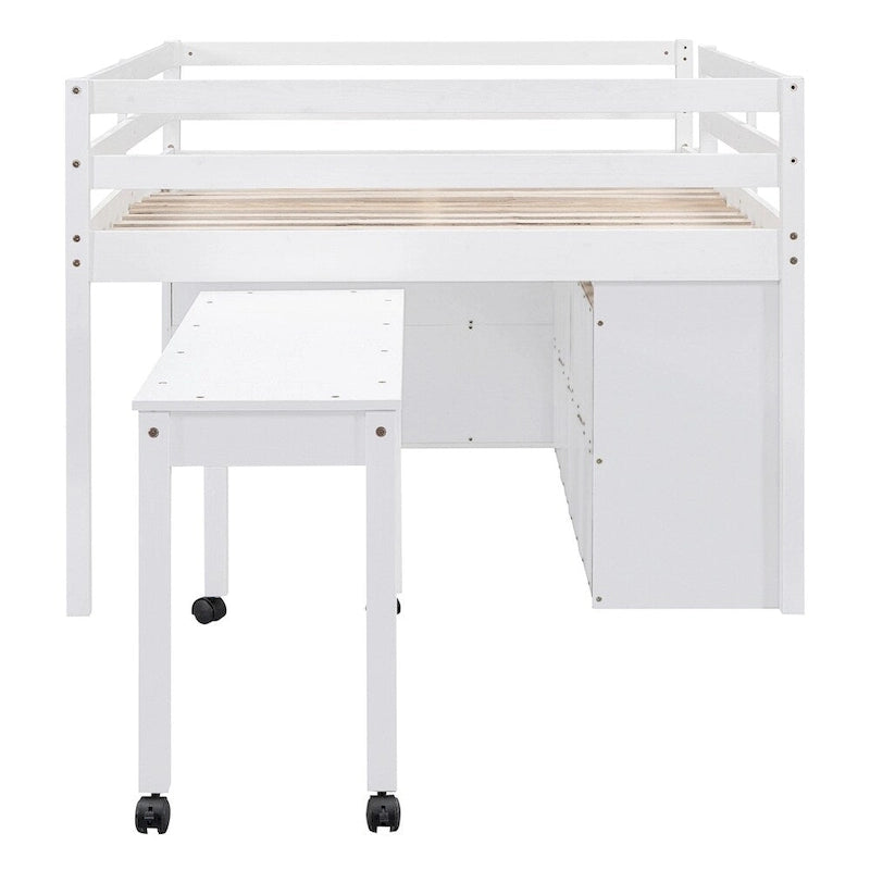 Cama alta de madera tamaño completo con escritorio retráctil y 4 cajones