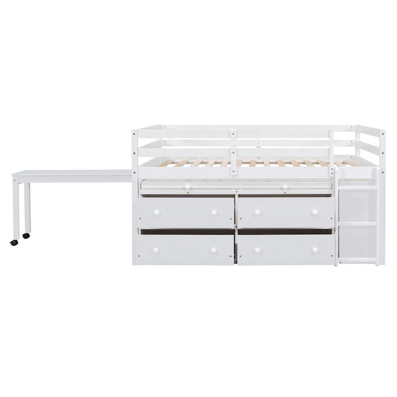 Cama alta de madera tamaño completo con escritorio retráctil y 4 cajones