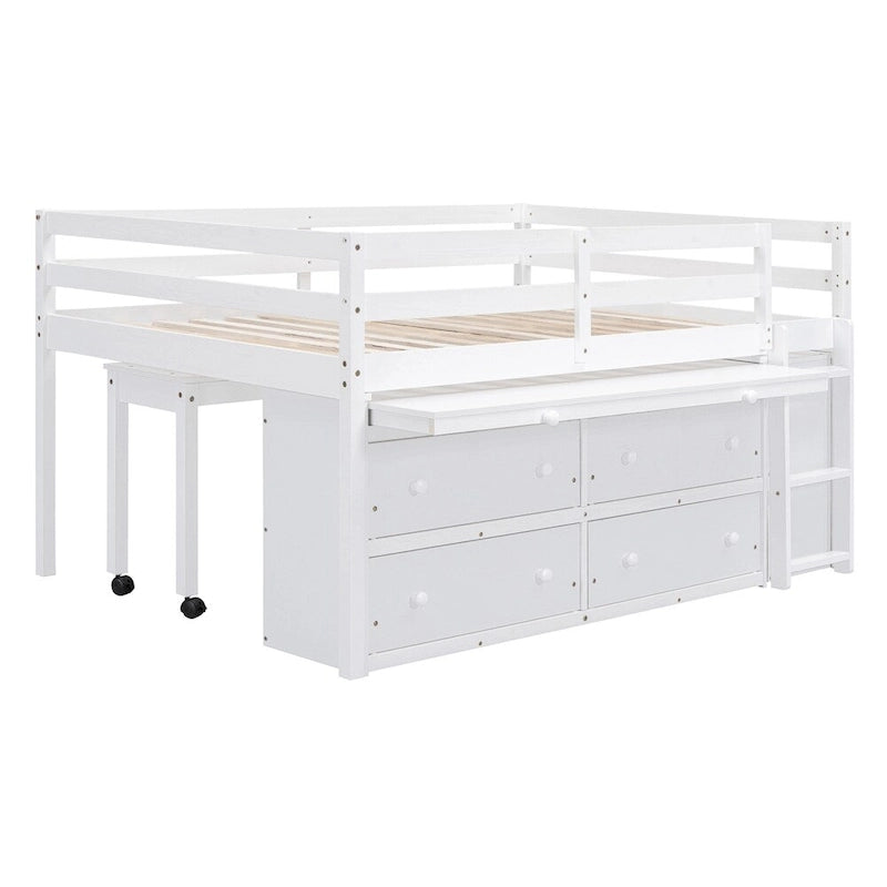Cama alta de madera tamaño completo con escritorio retráctil y 4 cajones