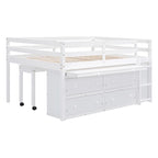 Cama alta de madera tamaño completo con escritorio retráctil y 4 cajones