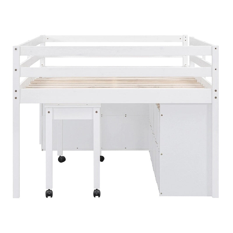 Cama alta de madera tamaño completo con escritorio retráctil y 4 cajones