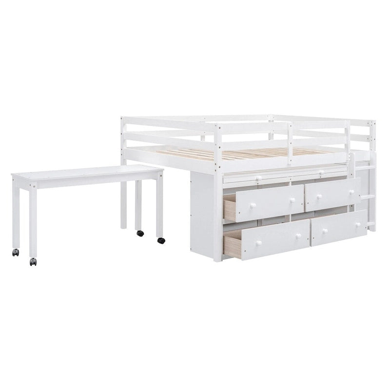Cama alta de madera tamaño completo con escritorio retráctil y 4 cajones