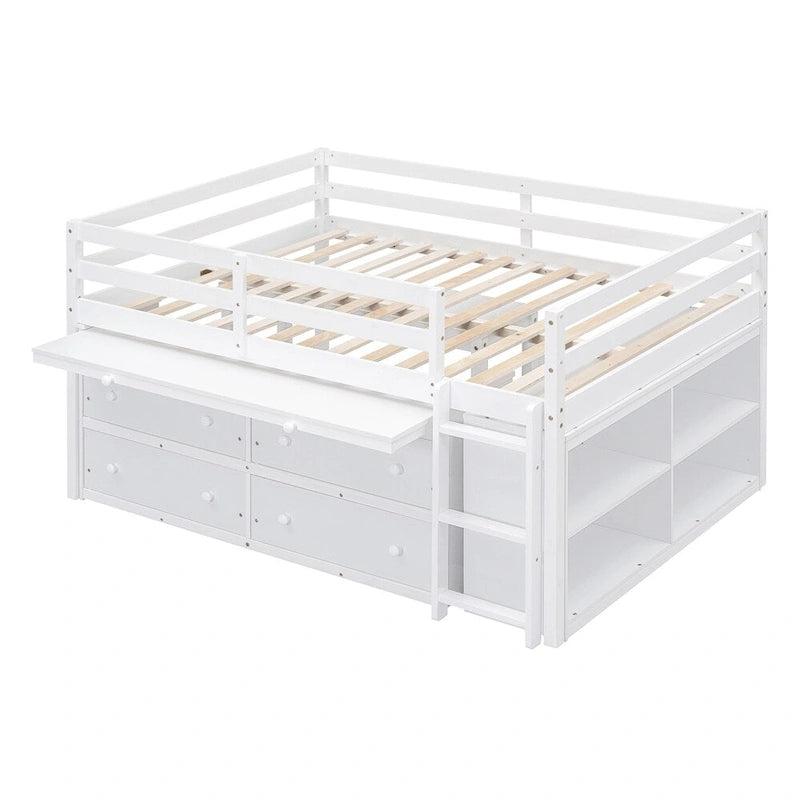 Cama alta de madera tamaño completo con escritorio retráctil y 4 cajones