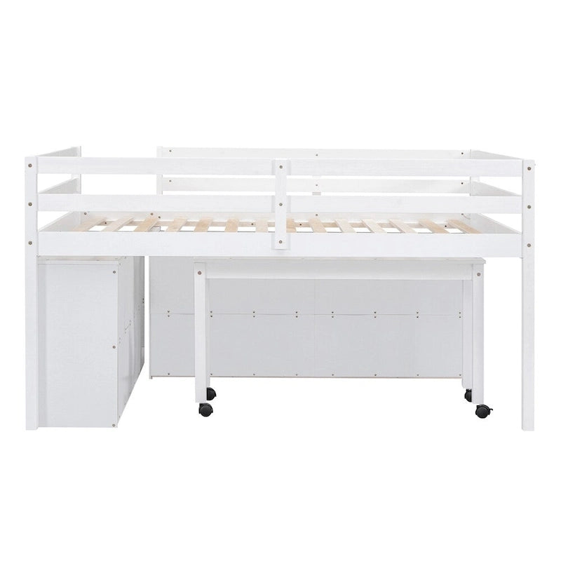 Cama alta de madera tamaño completo con escritorio retráctil y 4 cajones