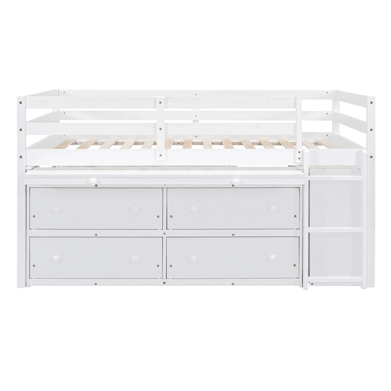 Cama alta de madera tamaño completo con escritorio retráctil y 4 cajones