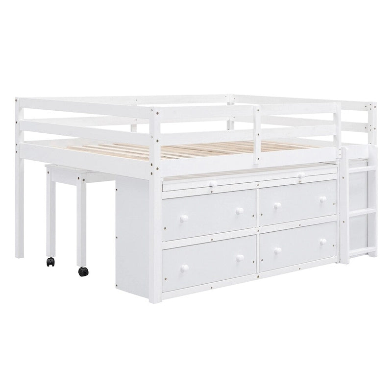 Cama alta de madera tamaño completo con escritorio retráctil y 4 cajones