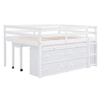 Cama alta de madera tamaño completo con escritorio retráctil y 4 cajones