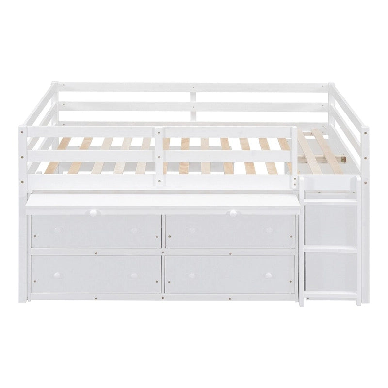 Cama alta de madera tamaño completo con escritorio retráctil y 4 cajones
