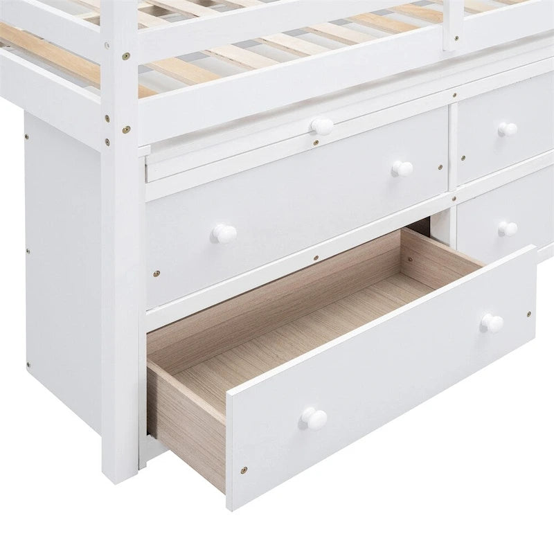 Cama alta de madera tamaño completo con escritorio retráctil y 4 cajones