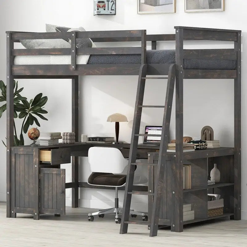 Cama alta de tamaño completo con escritorio en forma de U, gabinete y estantes de almacenamiento