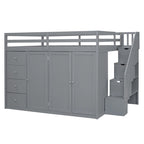 Full Size Wood Loft Bed With Built-in Wardrobes