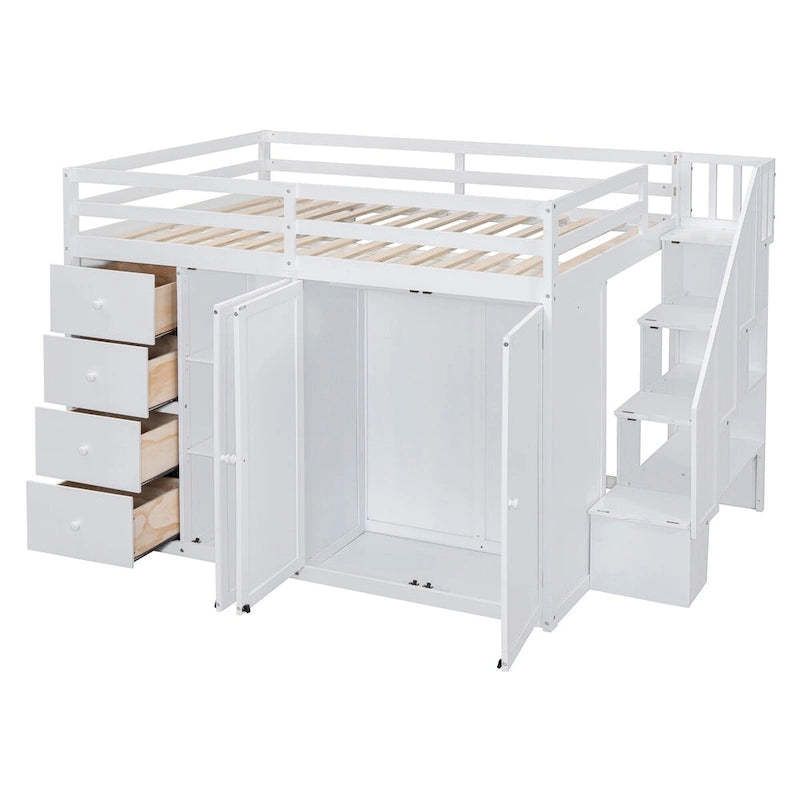 Cama alta de madera tamaño matrimonial con armarios empotrados