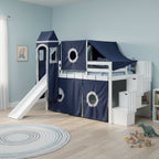 Blue Pine Wood Loft Bed with Storage Staircase and Slide, Tent and Tower, Full-Length Guardrail