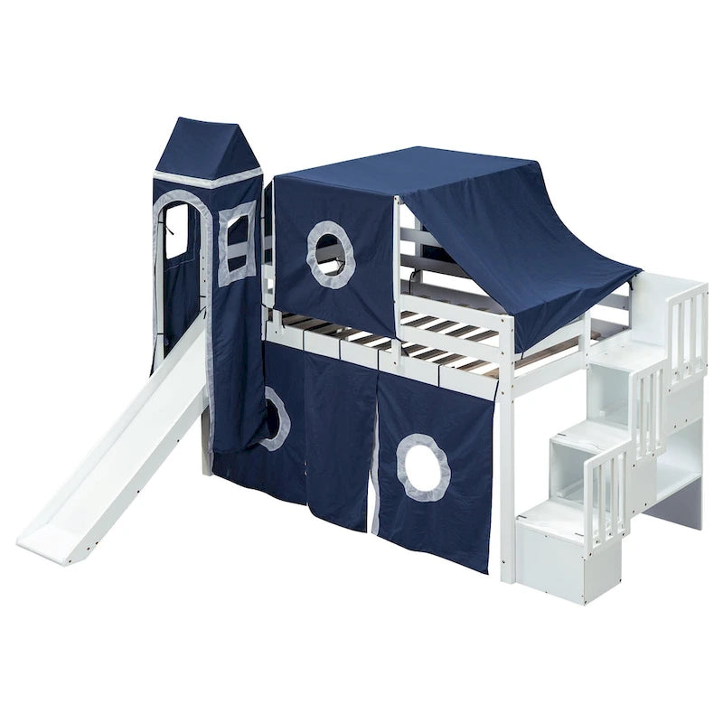 Cama alta de madera de pino azul con escalera de almacenamiento y tobogán, tienda y torre, barandilla de longitud completa