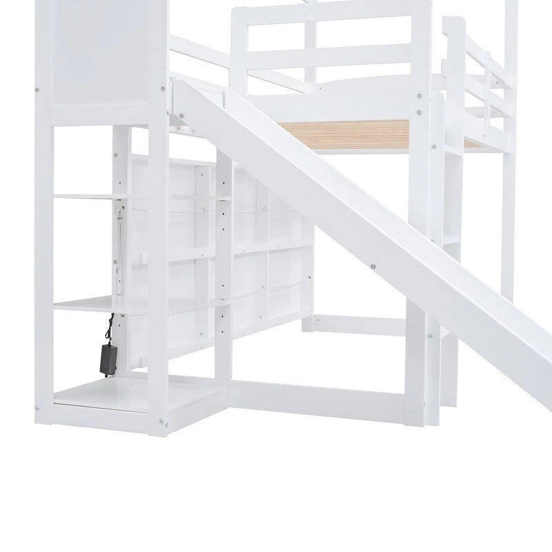 Cama alta de madera tipo loft con tobogán, almacenamiento y luz, tamaño individual