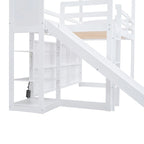 Cama alta de madera tipo loft con tobogán, almacenamiento y luz, tamaño individual