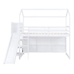 Cama alta de madera tipo loft con tobogán, almacenamiento y luz, tamaño individual
