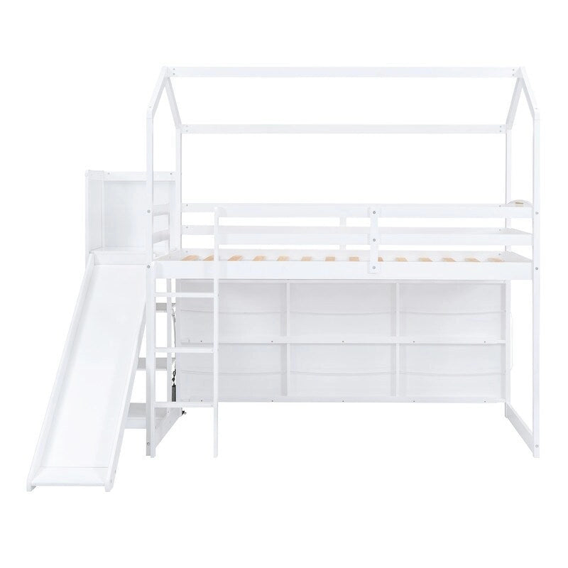 Cama alta de madera tipo loft con tobogán, almacenamiento y luz, tamaño individual